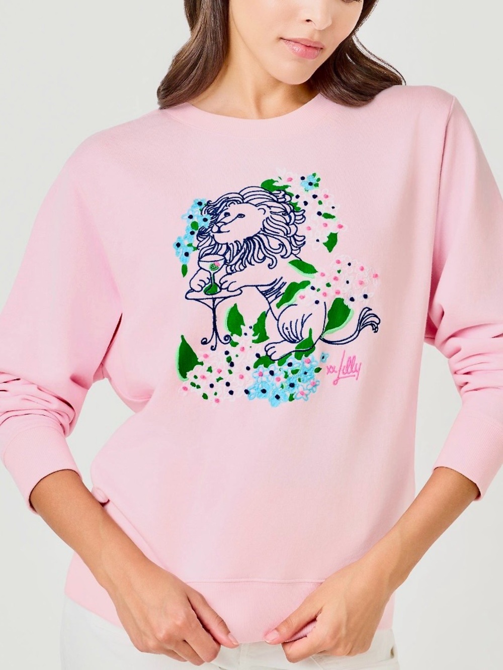 NWT Lilly Pulitzer Lydia the Lion Embroidered Crew Neck Sweatshirt Pink Small